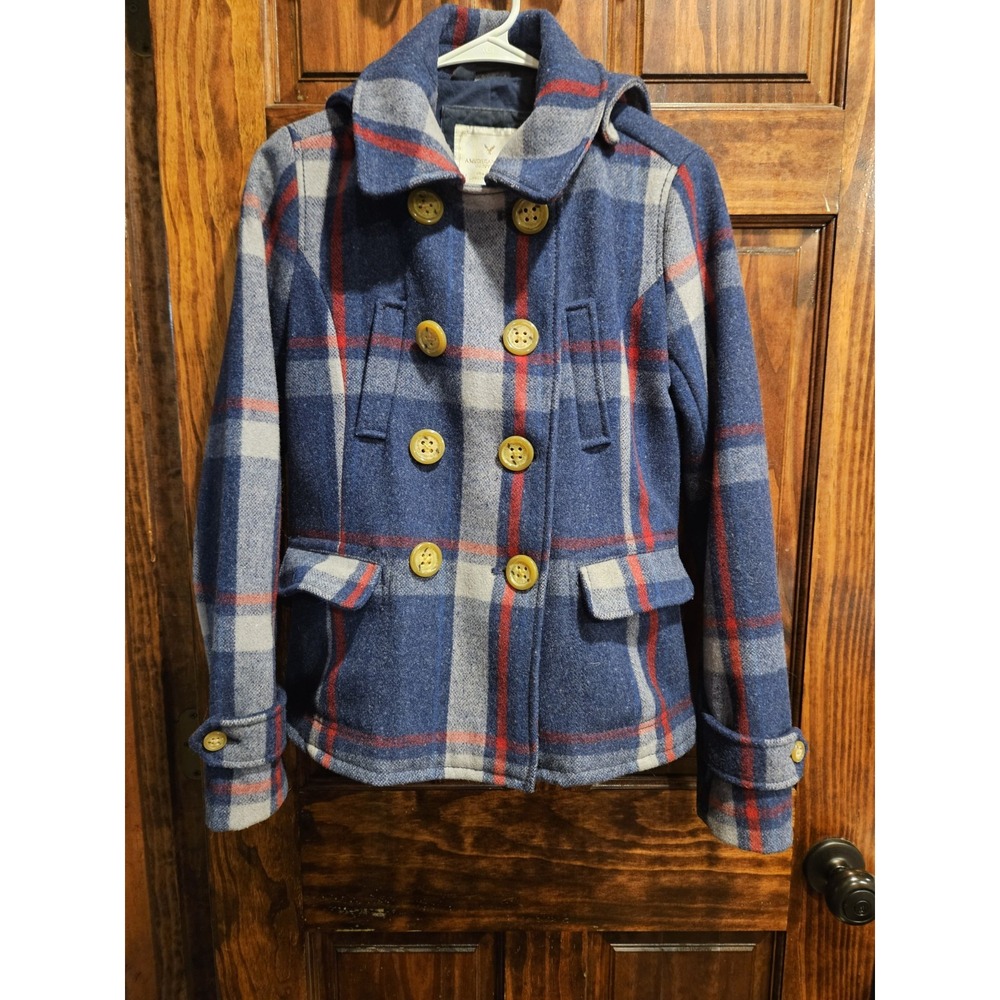 American Eagle Plaid Peacoat Wool Blend Hooded Jacket Blue Red Y2K Womens Small